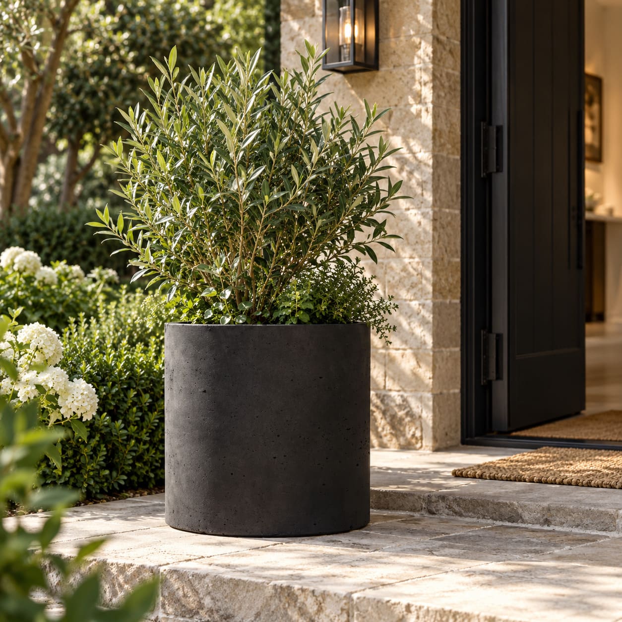 Medium planter beside a garden entrance