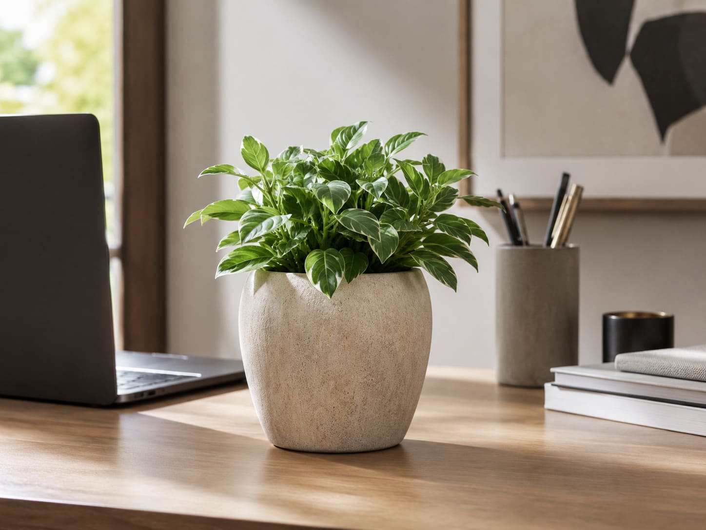 Small premium planter with a plant on a desk