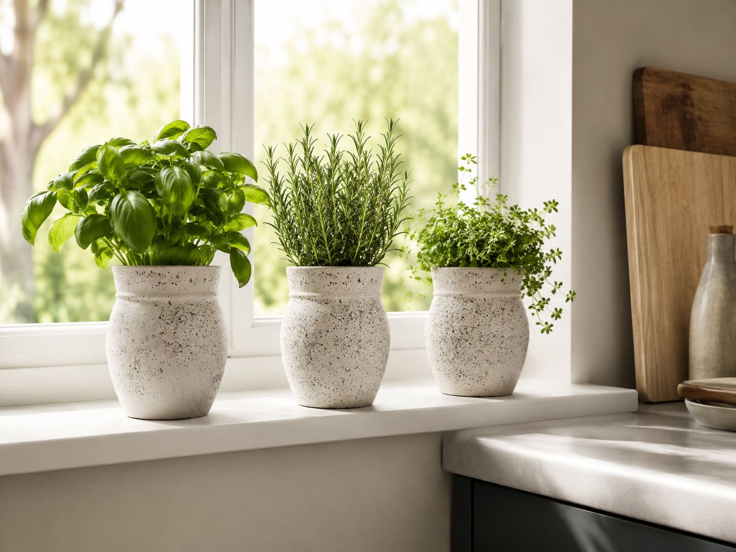Set of small premium planters on a kitchen windowsill