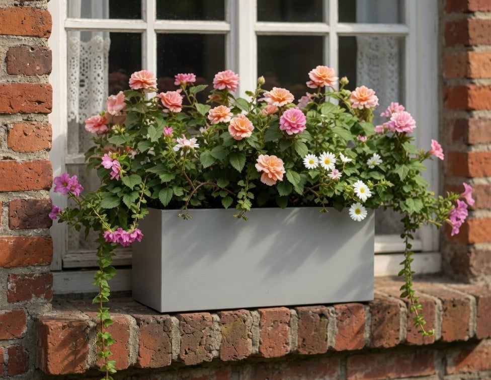 Window box planter on a brick windowsill