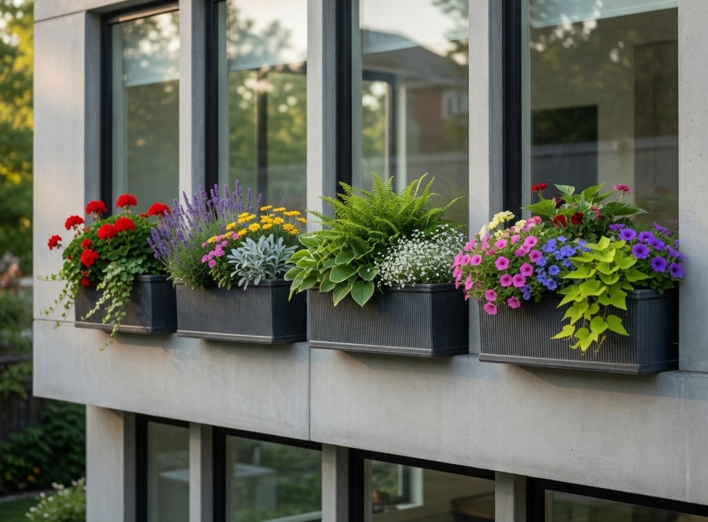 Row of matching window boxes on a contemporary house facade