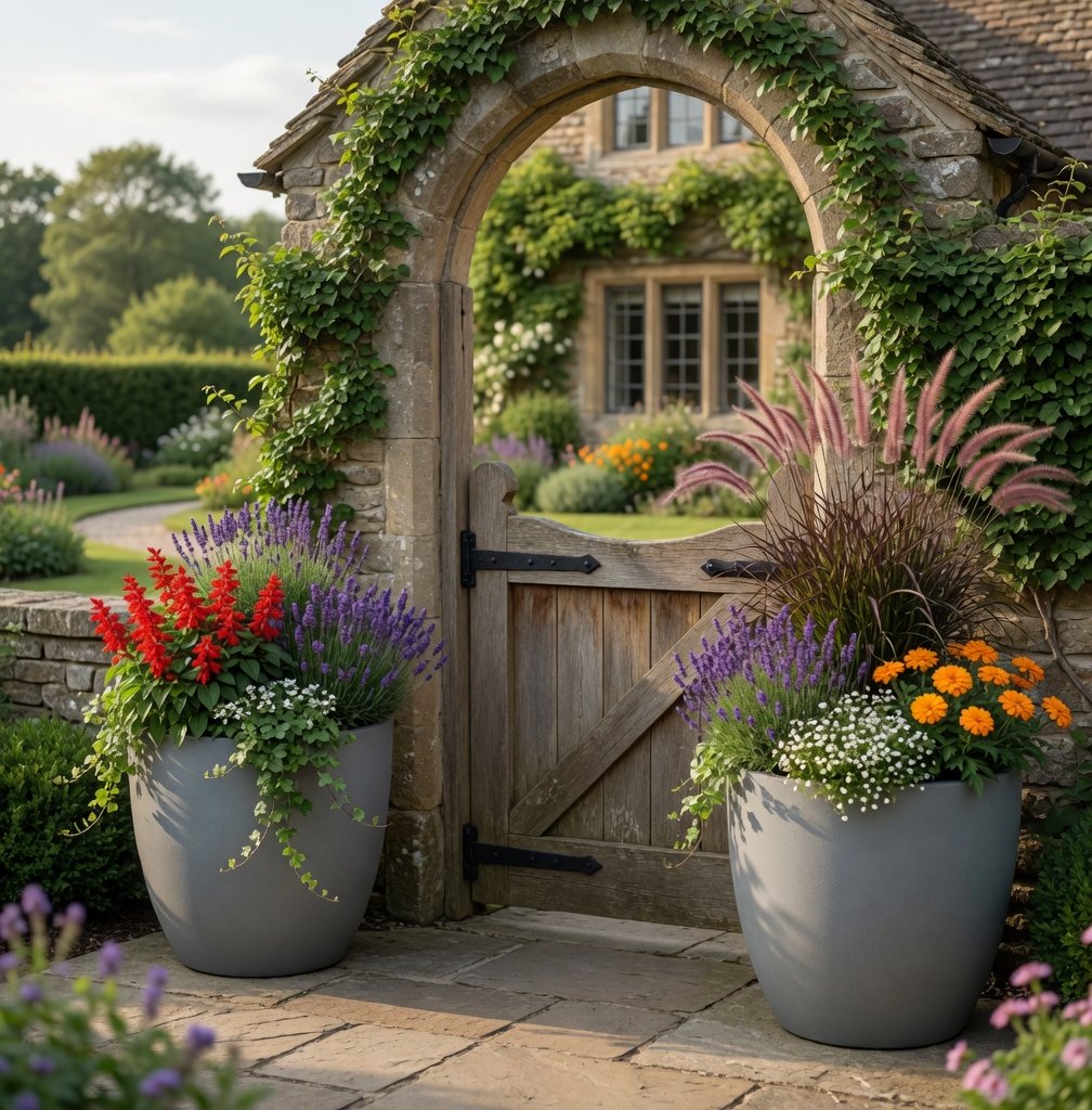 Large outdoor planters flanking a garden gate