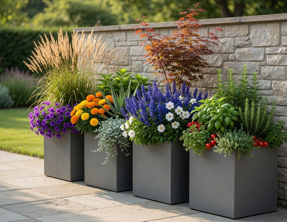 Large outdoor planters arranged along a garden wall