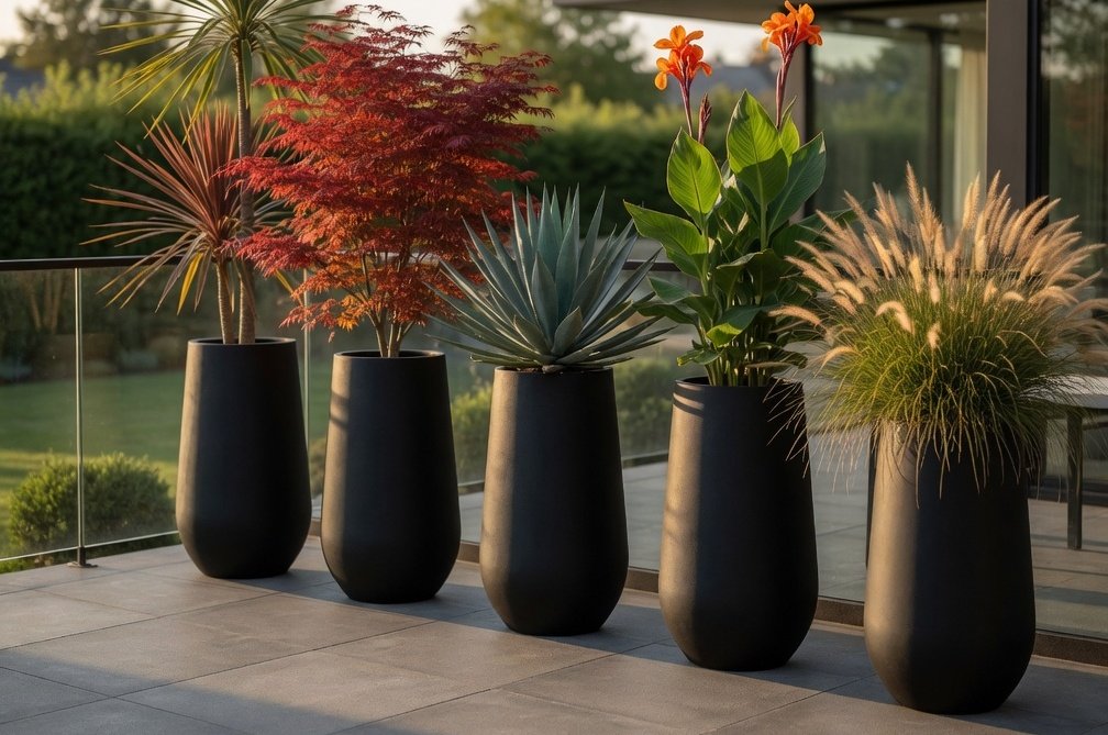 Tall large outdoor planters styled on a contemporary patio