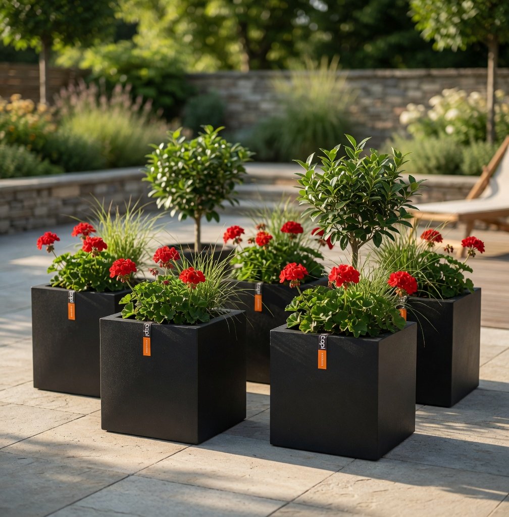 Plastic planters arranged on a sunny garden terrace