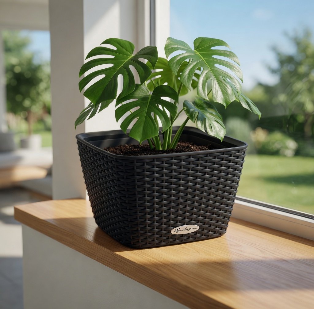 Plastic planter near a bright indoor windowsill