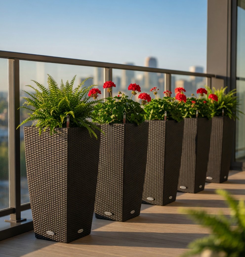 Set of plastic planters on a balcony