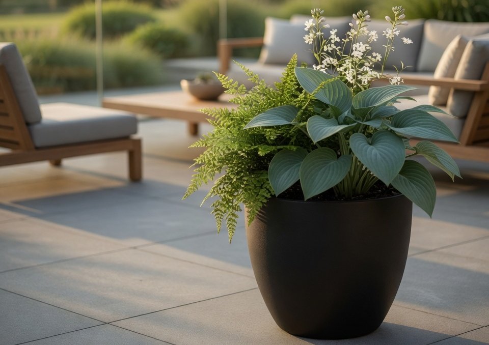 Round planter on a contemporary garden terrace