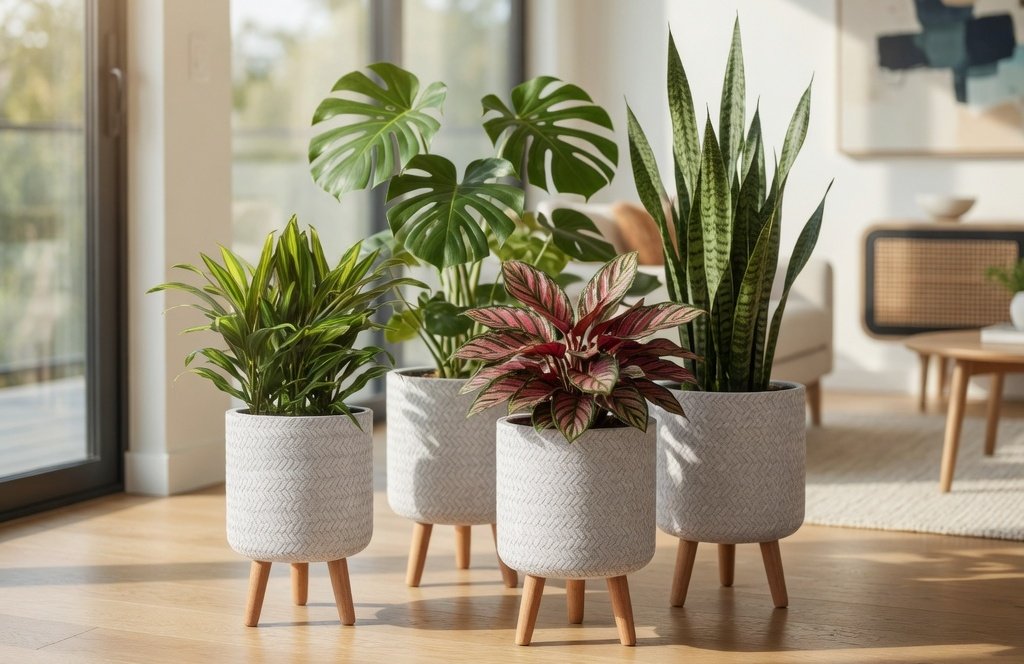 Cluster of round planters grouped in a bright modern living room interior