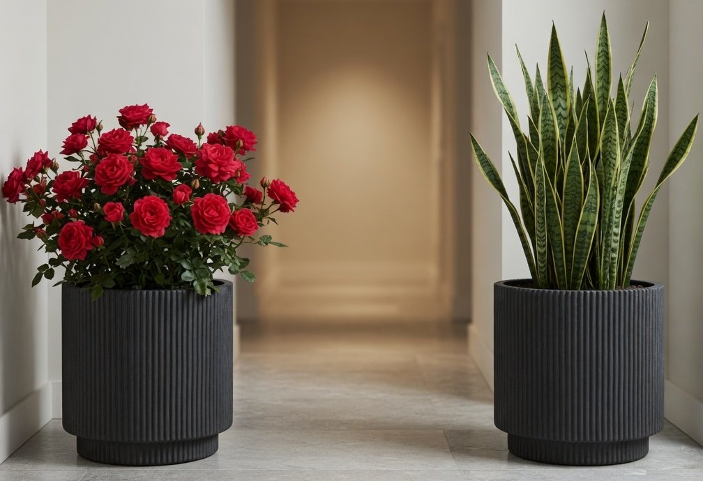 Pair of round planters flanking a hallway entrance
