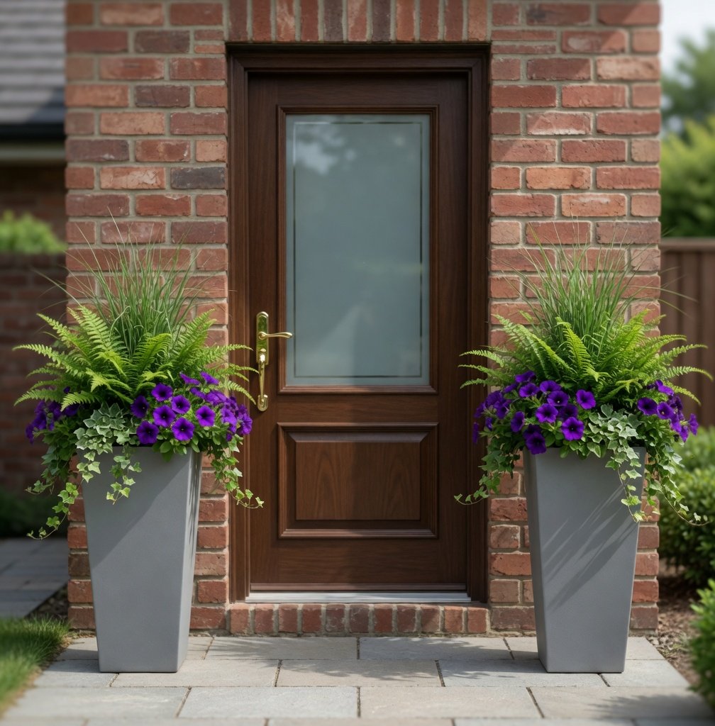 Pair of tall planters flanking a front entrance door