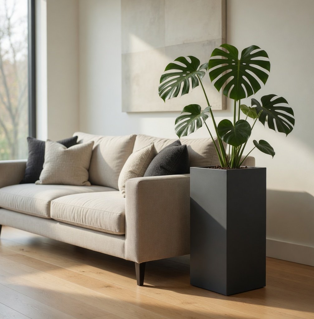 Large tall planter indoors beside a sofa