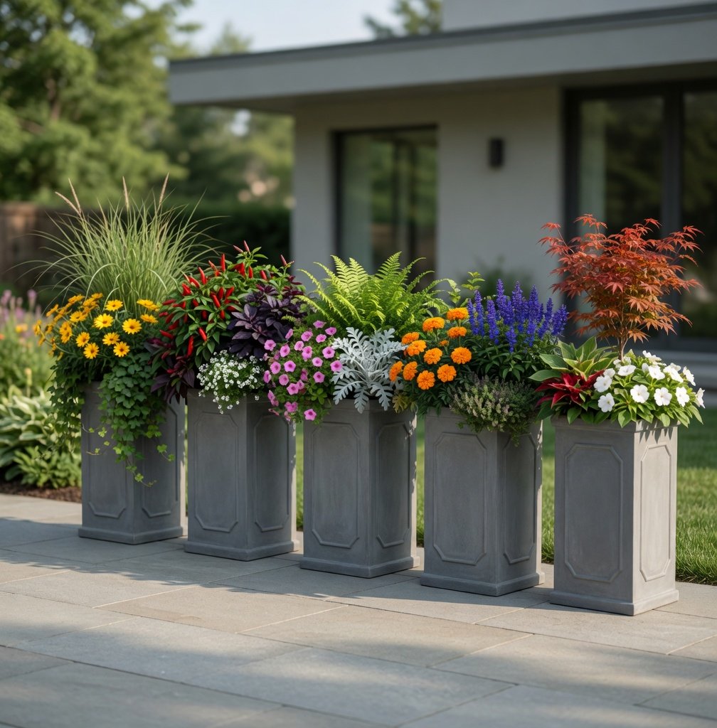 Row of tall planters on a contemporary garden terrace