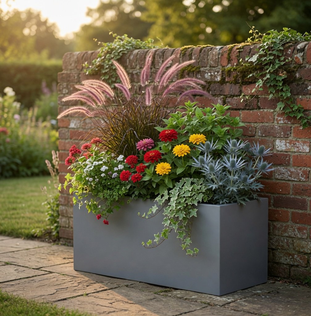 Trough planter along a garden boundary wall