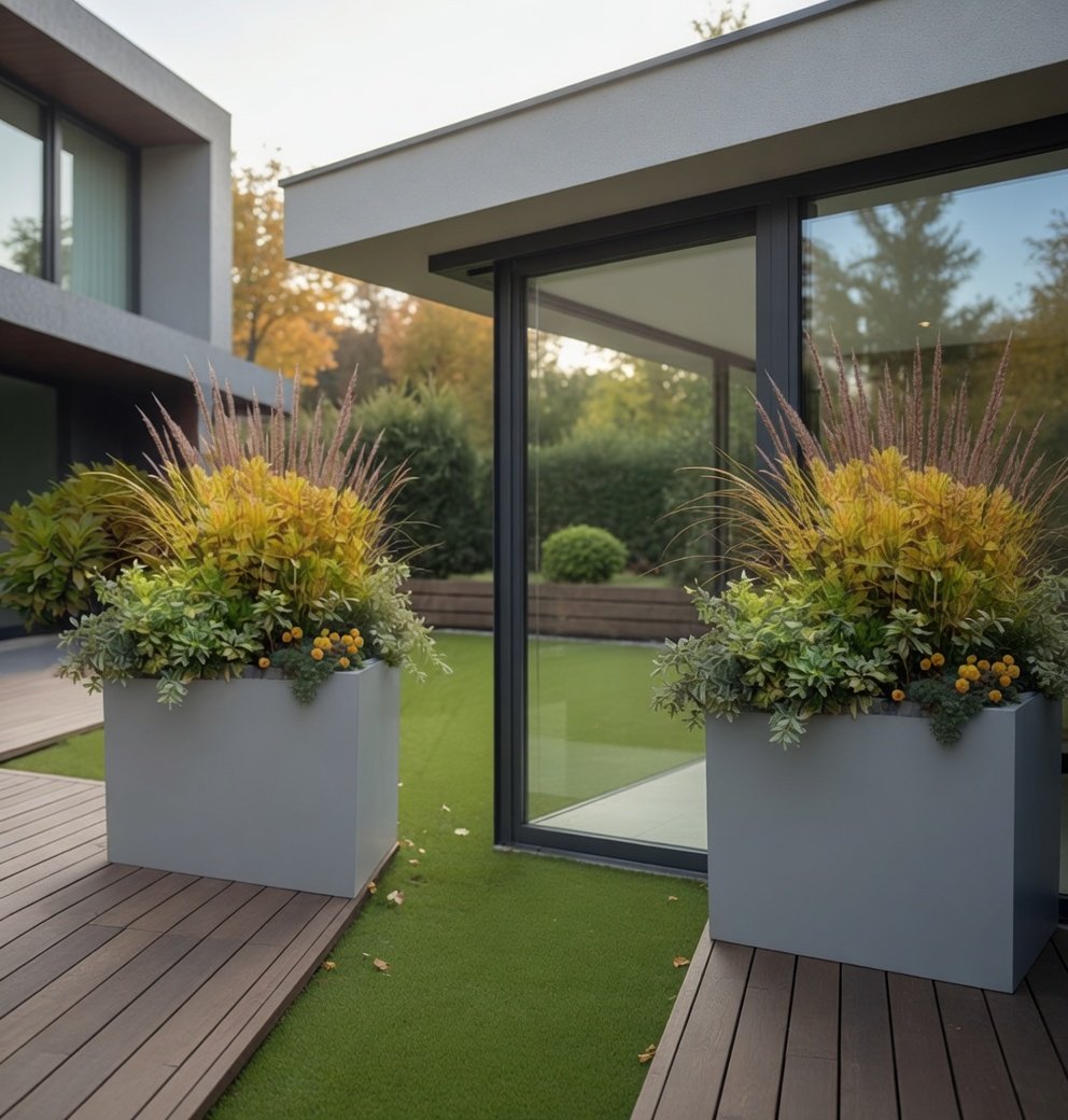 Pair of trough planters flanking a terrace entrance