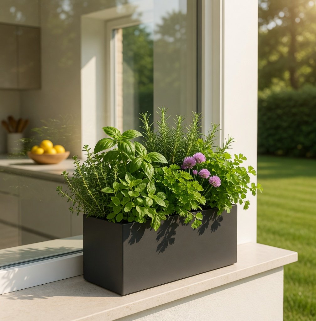 Trough planter with mixed herbs near a sunny kitchen windowsill