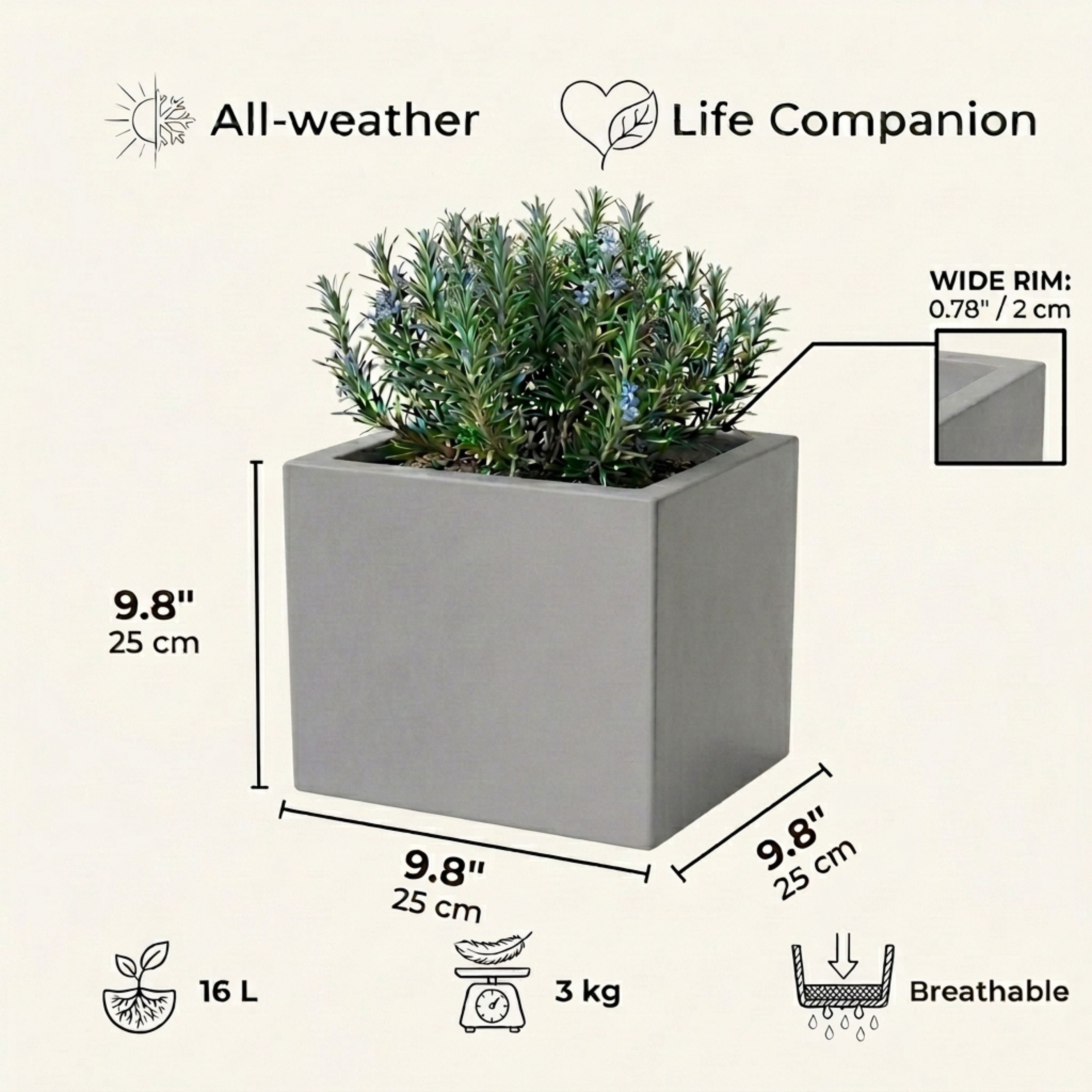 IDEALIST Lite Square Box Contemporary Light Concrete Planter