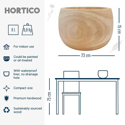 HORTICO ECO Wooden House Planter Round Indoor Plant Pot for House Plants with Waterproof Liner