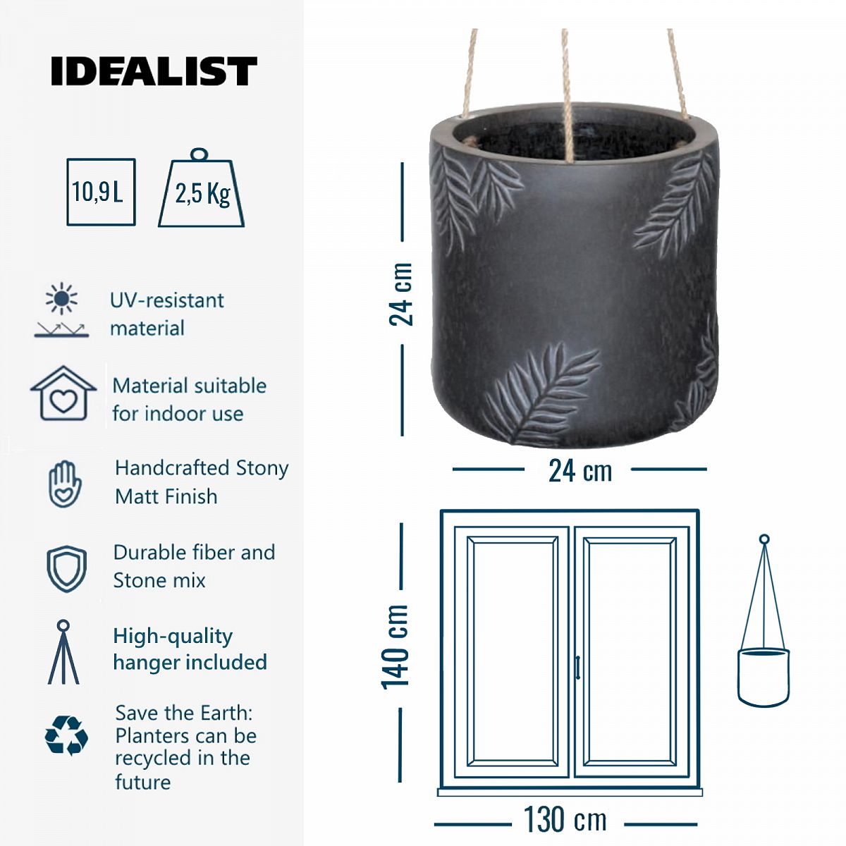 Leaf Embossed Table Indoor Cylinder Round Plant Pot by Idealist Lite