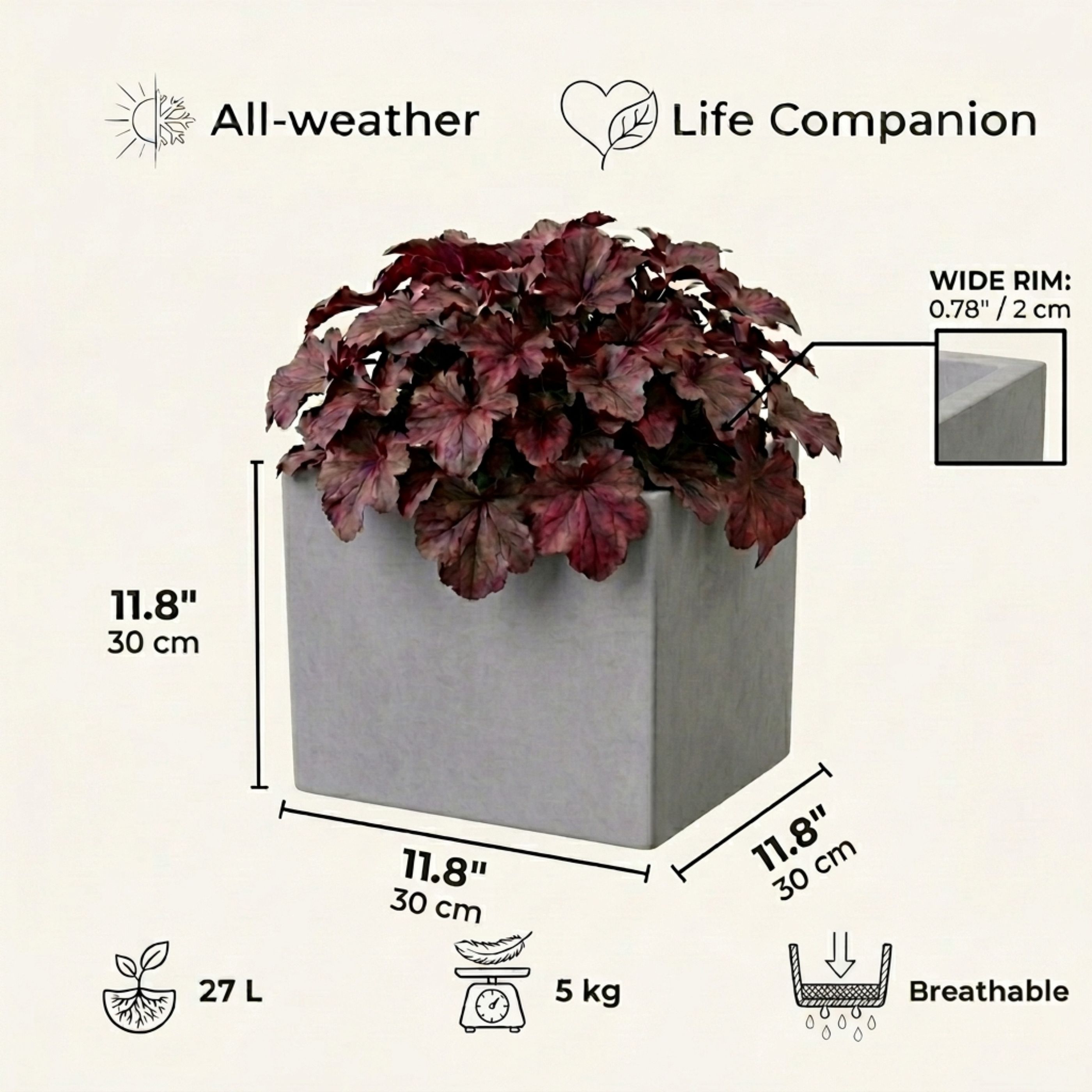 IDEALIST Lite Square Box Contemporary Light Concrete Planter