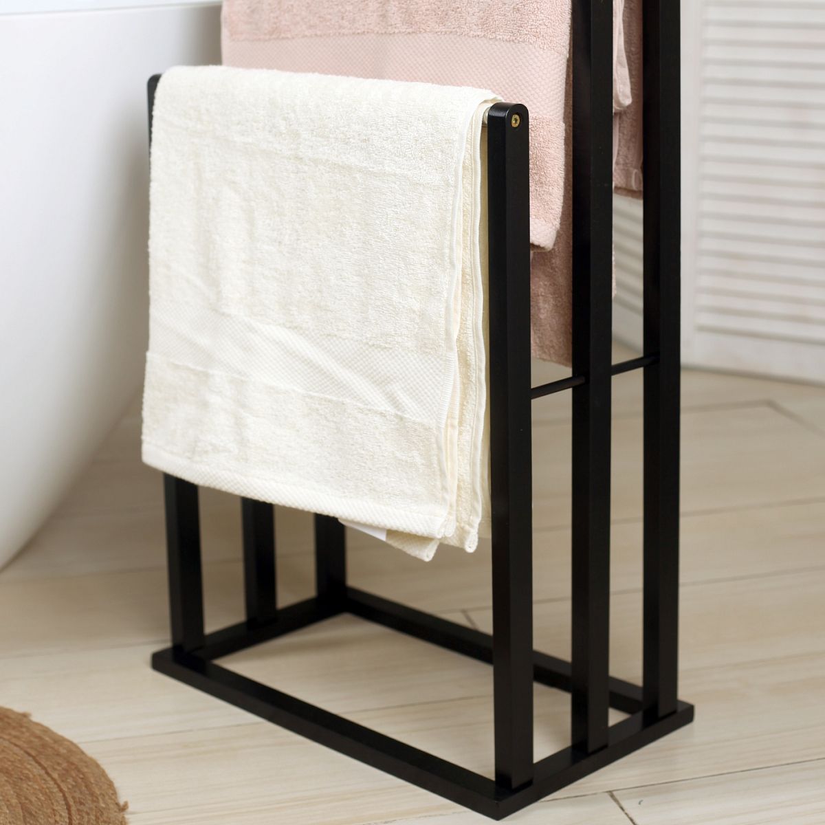 Froppi Bamboo Free Standing Towel Rack, Wooden Towel Holder and Ladder with 3 Bars