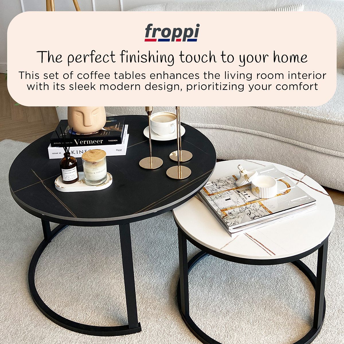 Froppi Round Coffee Tables for Living Room: Set of 2 Nesting Coffee Tables, Sintered Stone