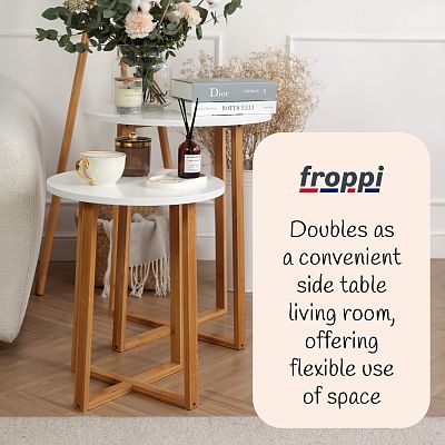 Froppi Small Round Coffee Table for Living Room White Wood Cocktail Table on Natural Bamboo Frame