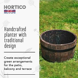 Rustic Upcycled Oak Wood Round Tub Half Barrel Outdoor Planter Made in UK by HORTICO