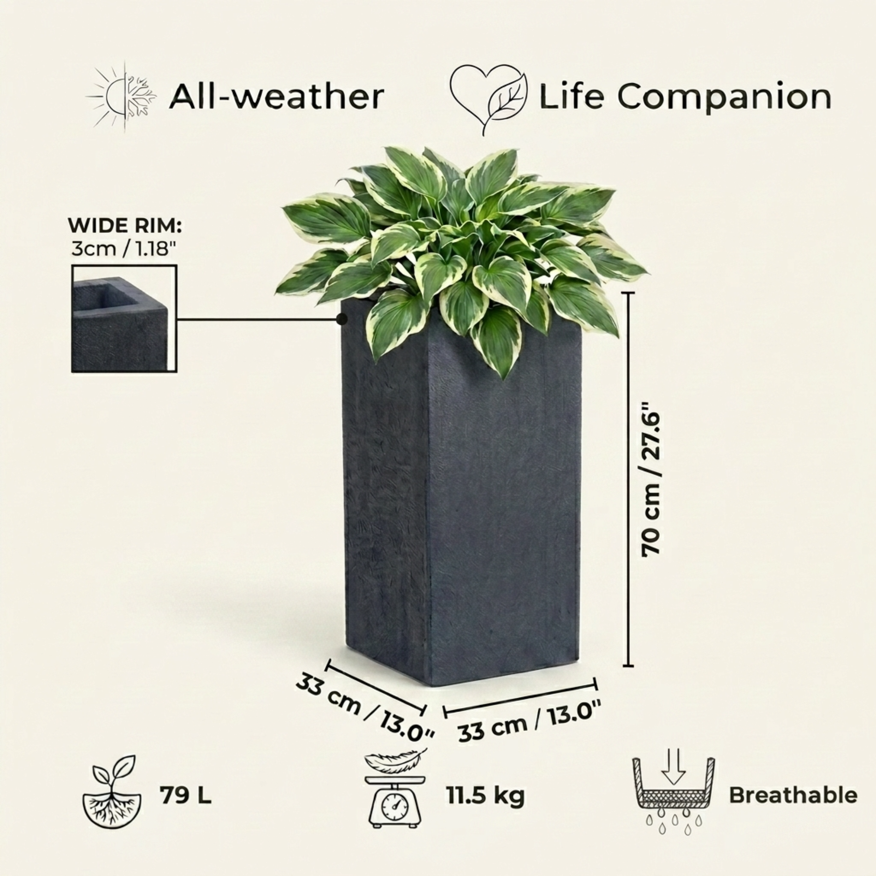 IDEALIST Lite Tall Square Contemporary Light Concrete Planter