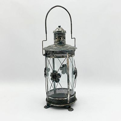 Cylinder Metal Flower Pattern Garden Dark Silver Lantern by Minster