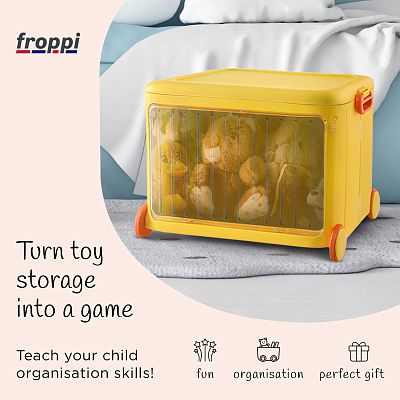 Froppi Stackable Plastic Kids Toy Storage Box with Lid, Transparent Door and Wheels