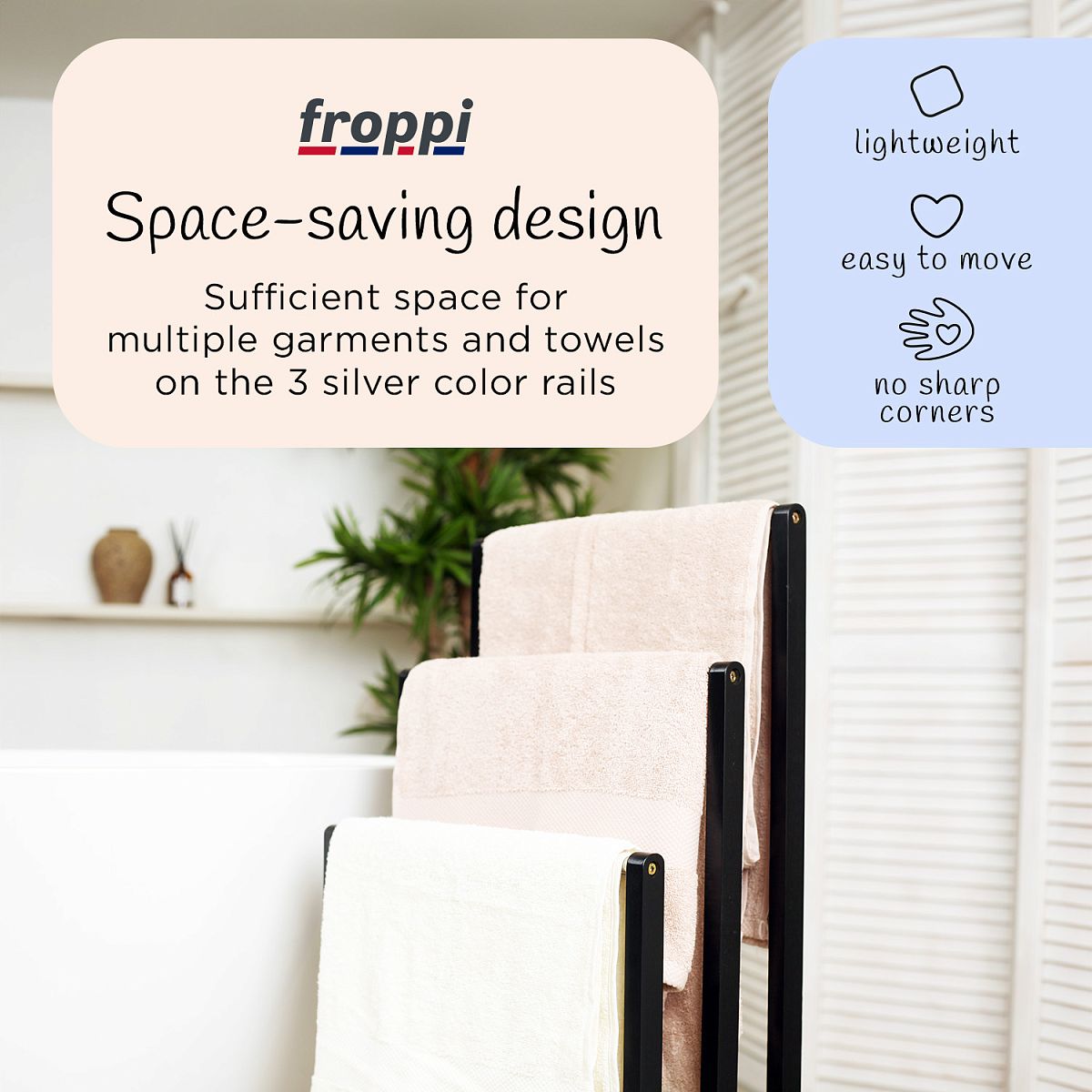 Froppi Bamboo Free Standing Towel Rack, Wooden Towel Holder and Ladder with 3 Bars