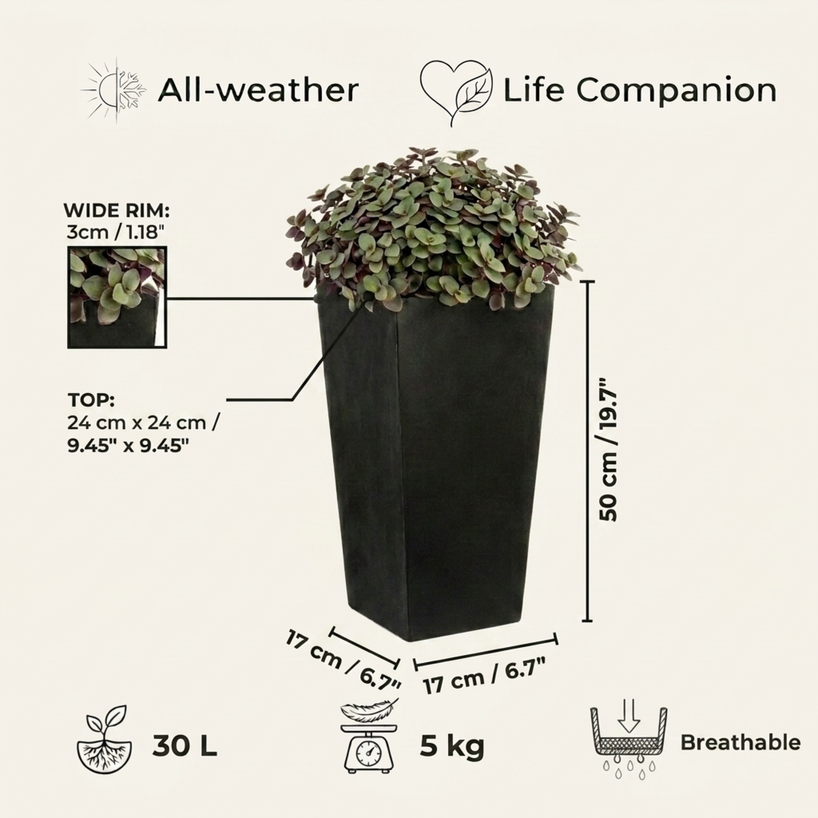 Set of IDEALIST Lite Light Concrete Garden Tall Planters, Outdoor Plant Pots with Tapered Shape