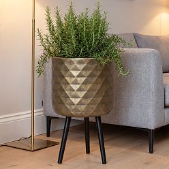 IDEALIST Lite Indoor Plant Pot, Diamond Faceted Antique Gold Planter on Legs