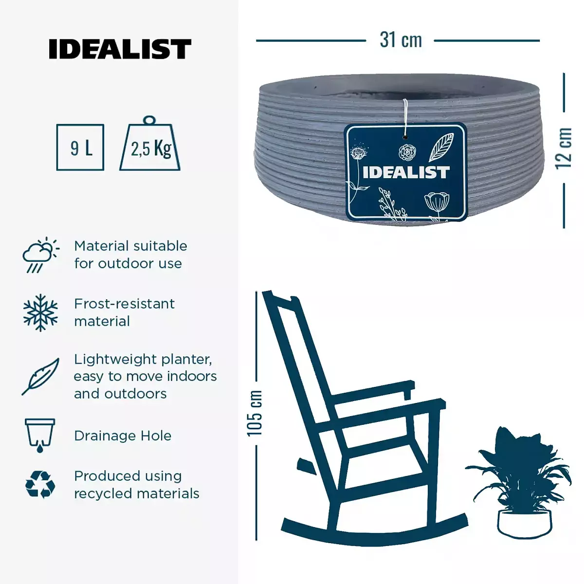 IDEALIST Lite Large Ribbed Light Concrete Bowl Planter