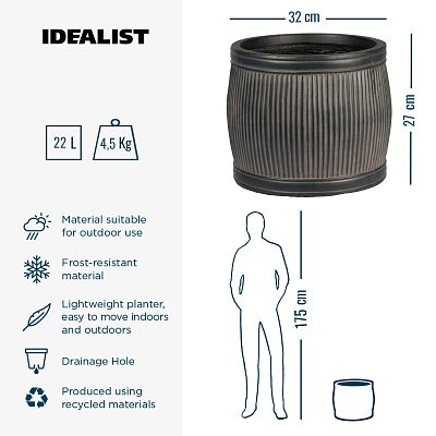 IDEALIST Lite Vertical Ribbed Vintage Style Barrel Round Planter