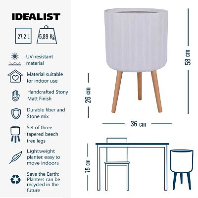 IDEALIST Lite Modern Ribbed Cylinder Planter on Legs, Round Pot Plant Stand Indoor