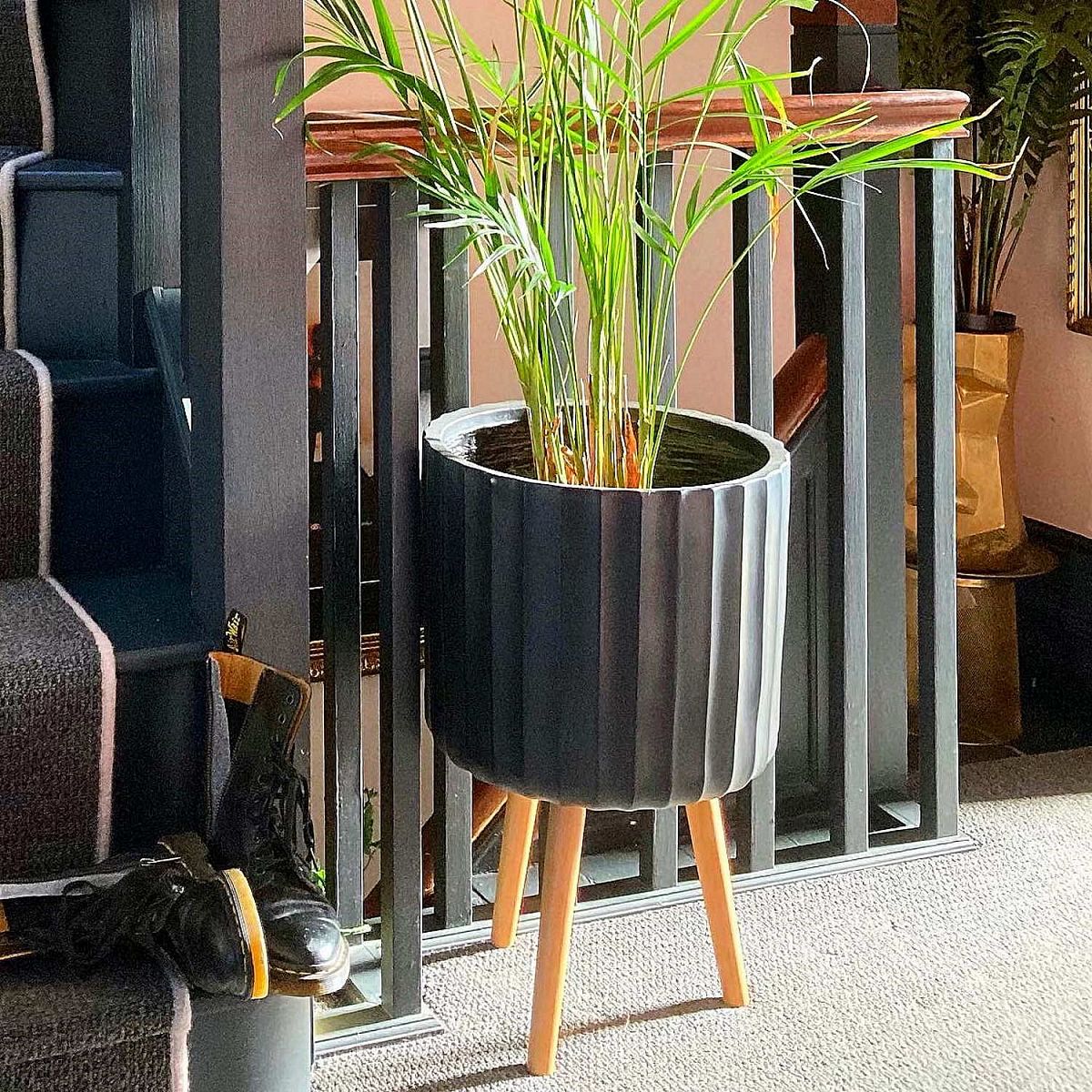 Modern Ribbed Cylinder Round Indoor Planter on Legs by Idealist Lite