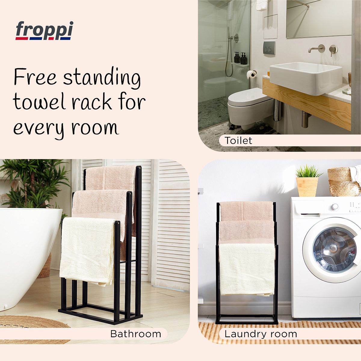 Froppi Bamboo Free Standing Towel Rack, Wooden Towel Holder and Ladder with 3 Bars