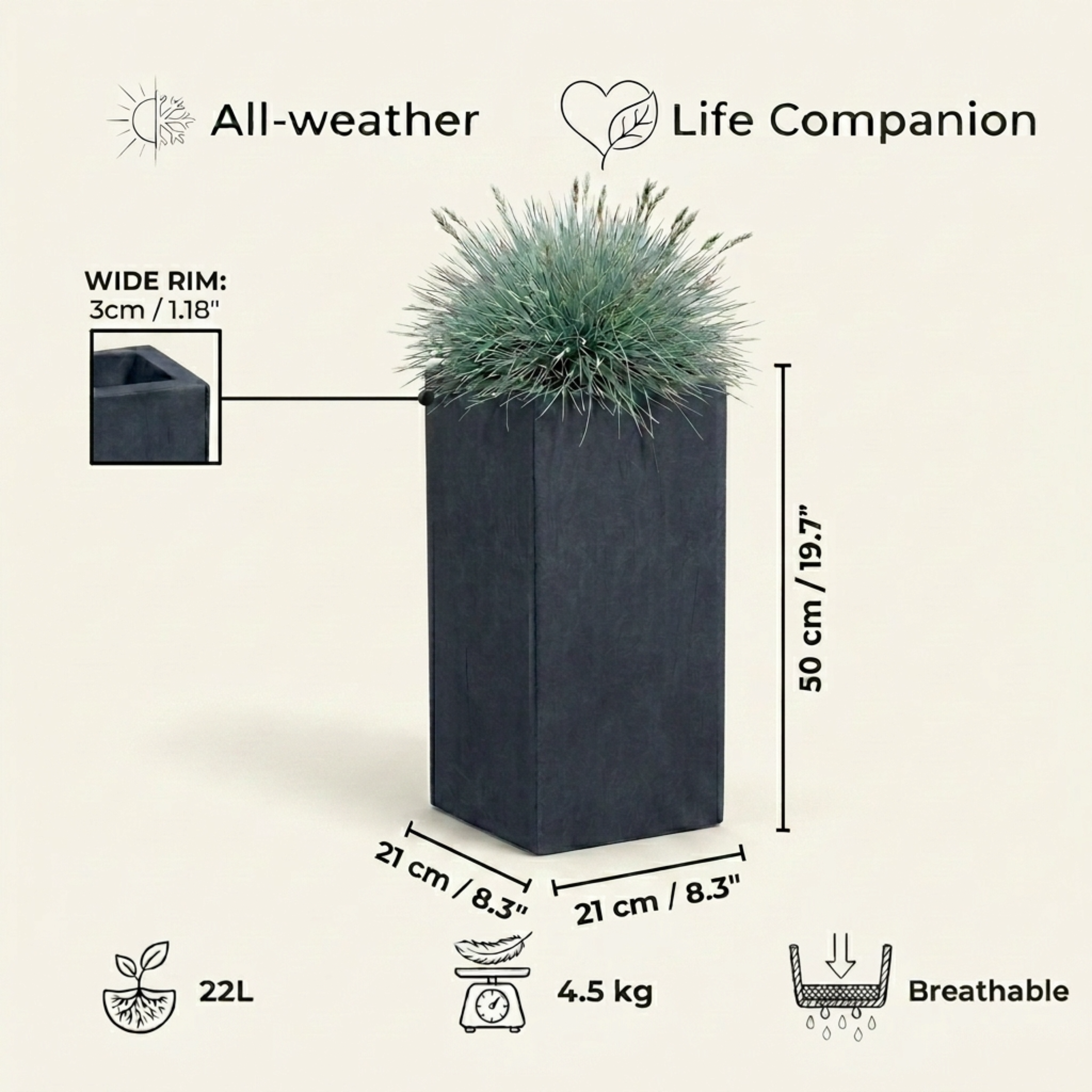 IDEALIST Lite Tall Square Contemporary Light Concrete Planter Set