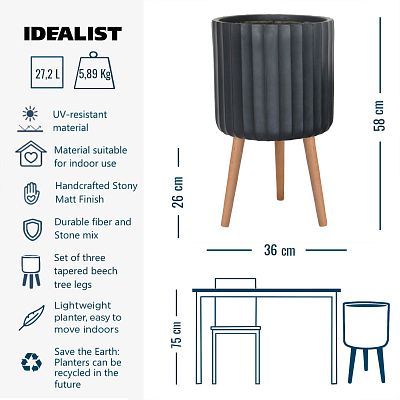 IDEALIST Lite Modern Ribbed Cylinder Planter on Legs, Round Pot Plant Stand Indoor
