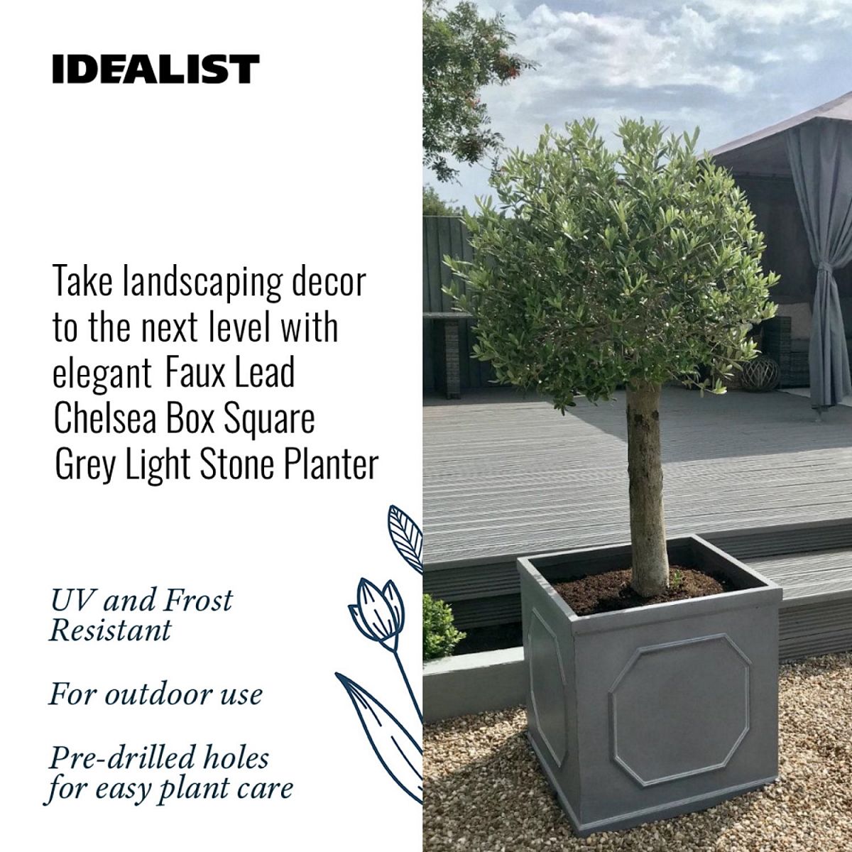 IDEALIST Lite Faux Lead Chelsea Box Square Grey Light Stone Planter Set