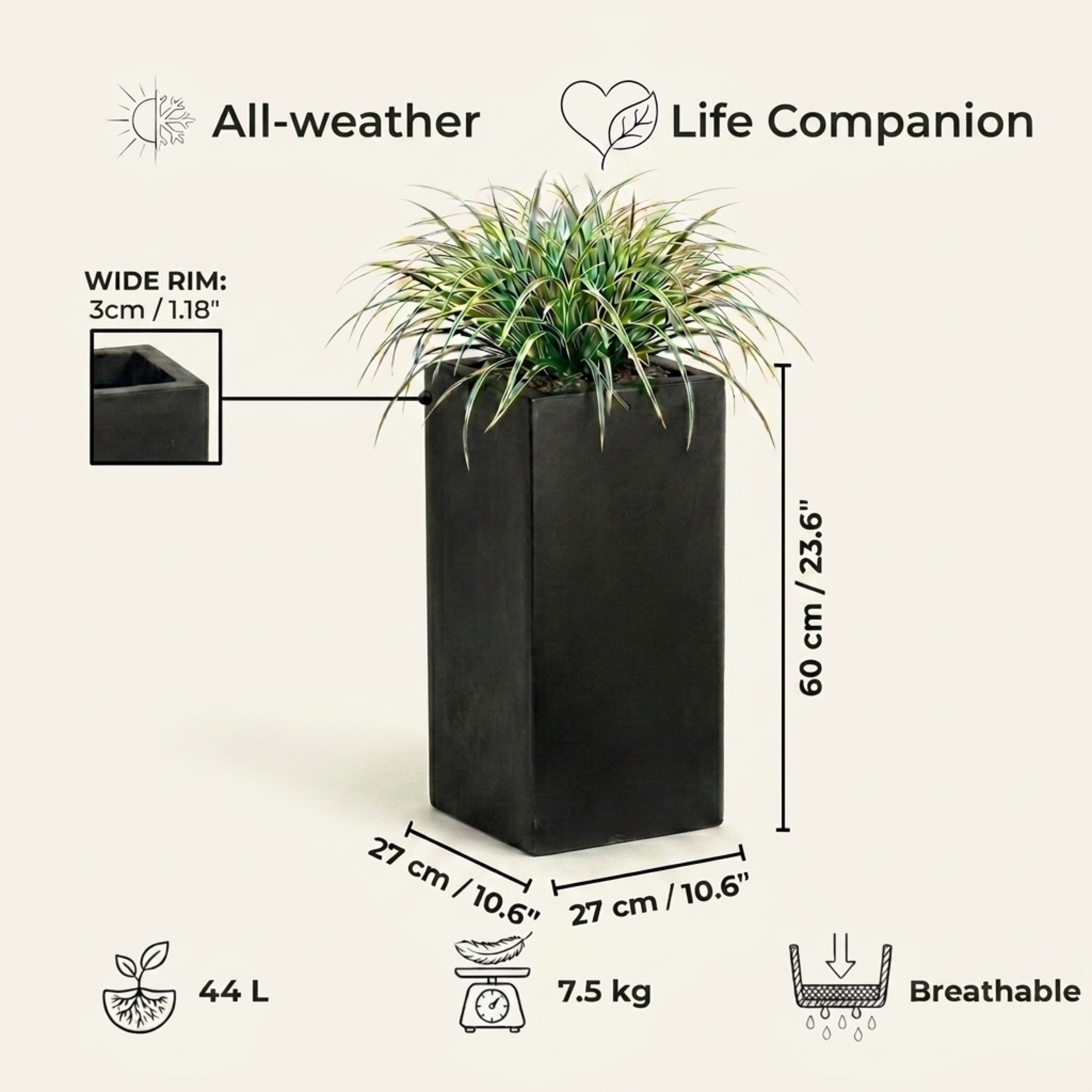 IDEALIST Lite Tall Square Contemporary Light Concrete Planter