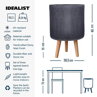 IDEALIST Lite Ribbed Cylinder Planter on Legs, Round Pot Plant Stand Indoor