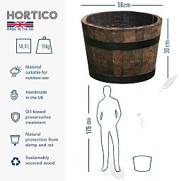 Rustic Upcycled Oak Wood Round Tub Half Barrel Outdoor Planter Made in UK by HORTICO