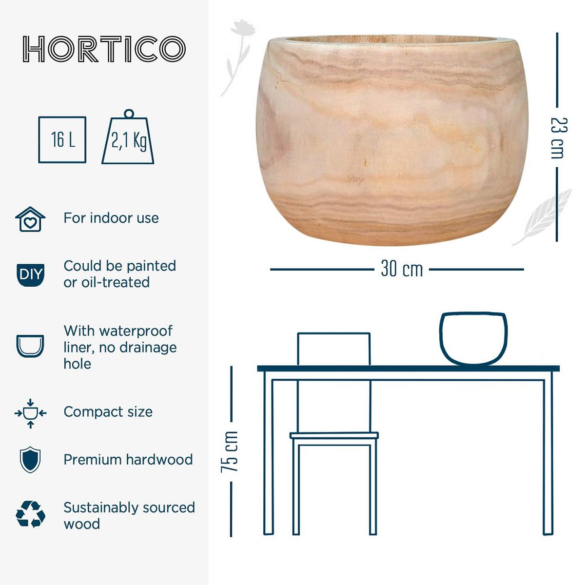 HORTICO ECO Wooden House Planter Round Indoor Plant Pot for House Plants with Waterproof Liner