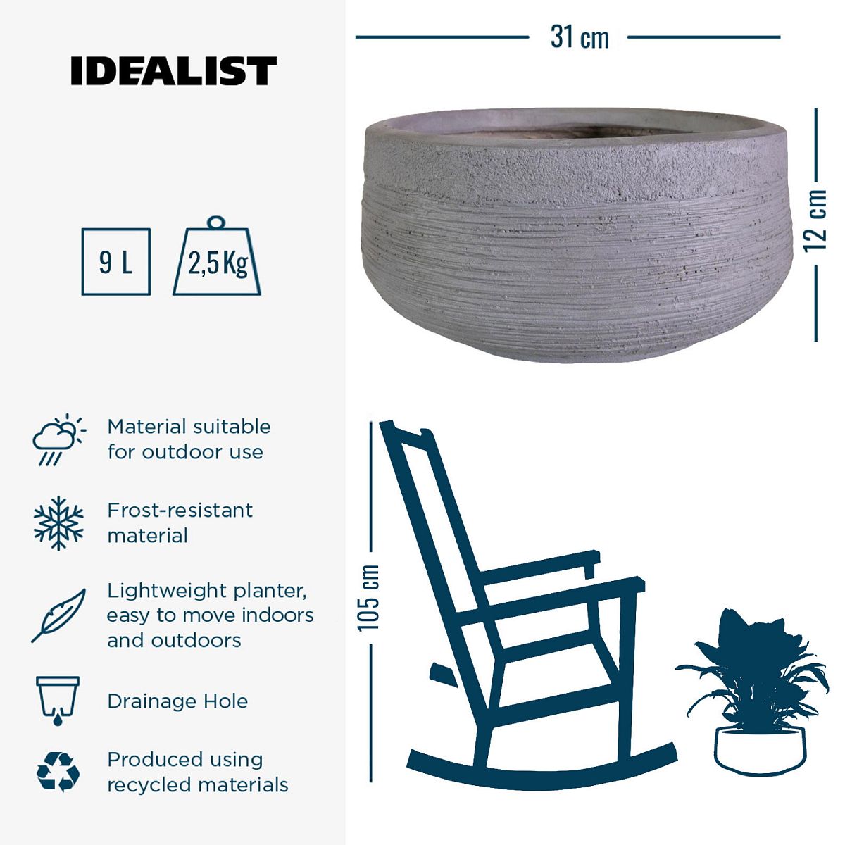 IDEALIST Lite Ribbed Light Concrete Bowl Planter