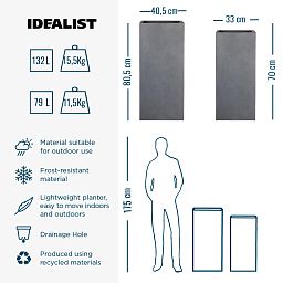 IDEALIST Lite Tall Square Contemporary Light Concrete Planter Set