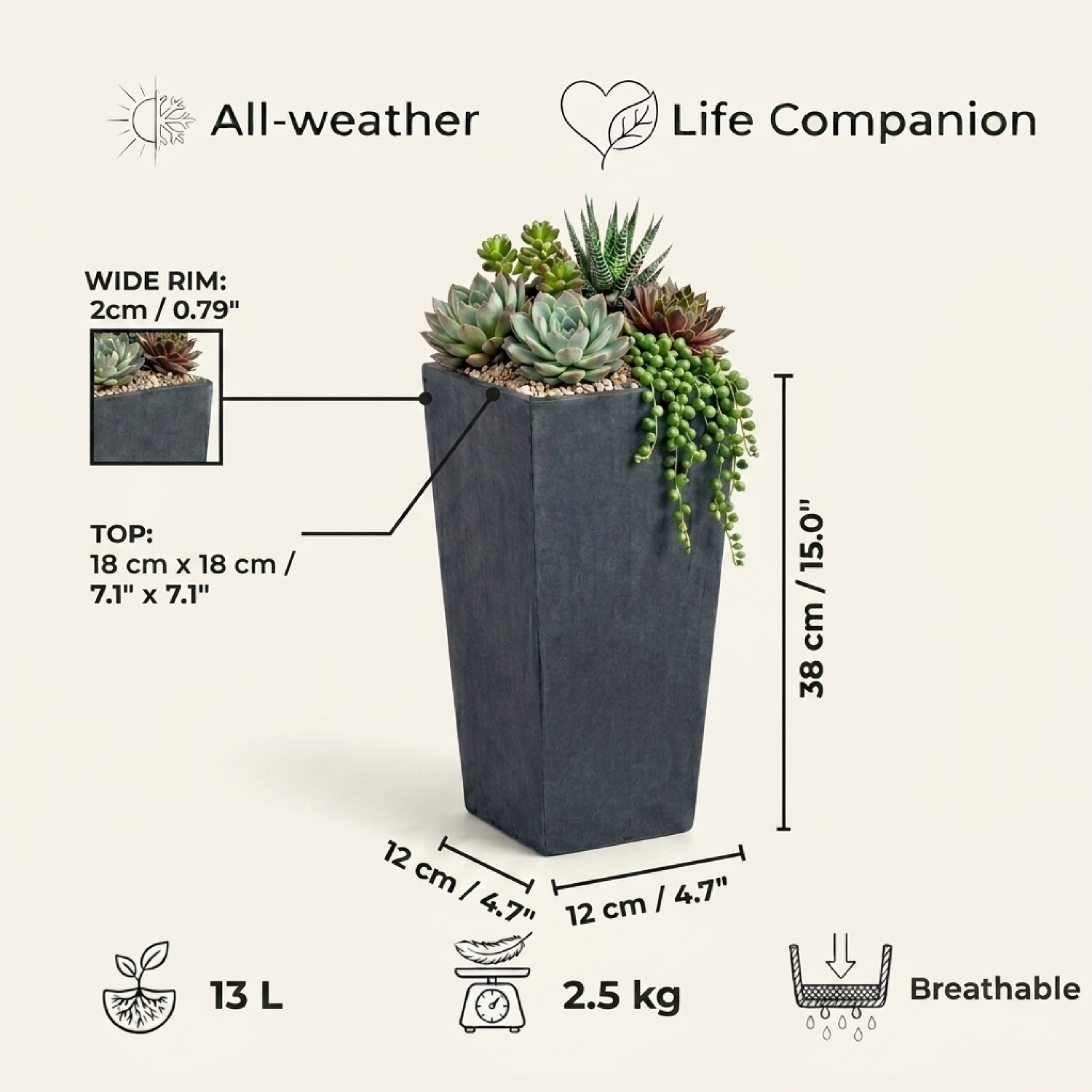 IDEALIST Lite Tall Tapered Contemporary Light Concrete Planter