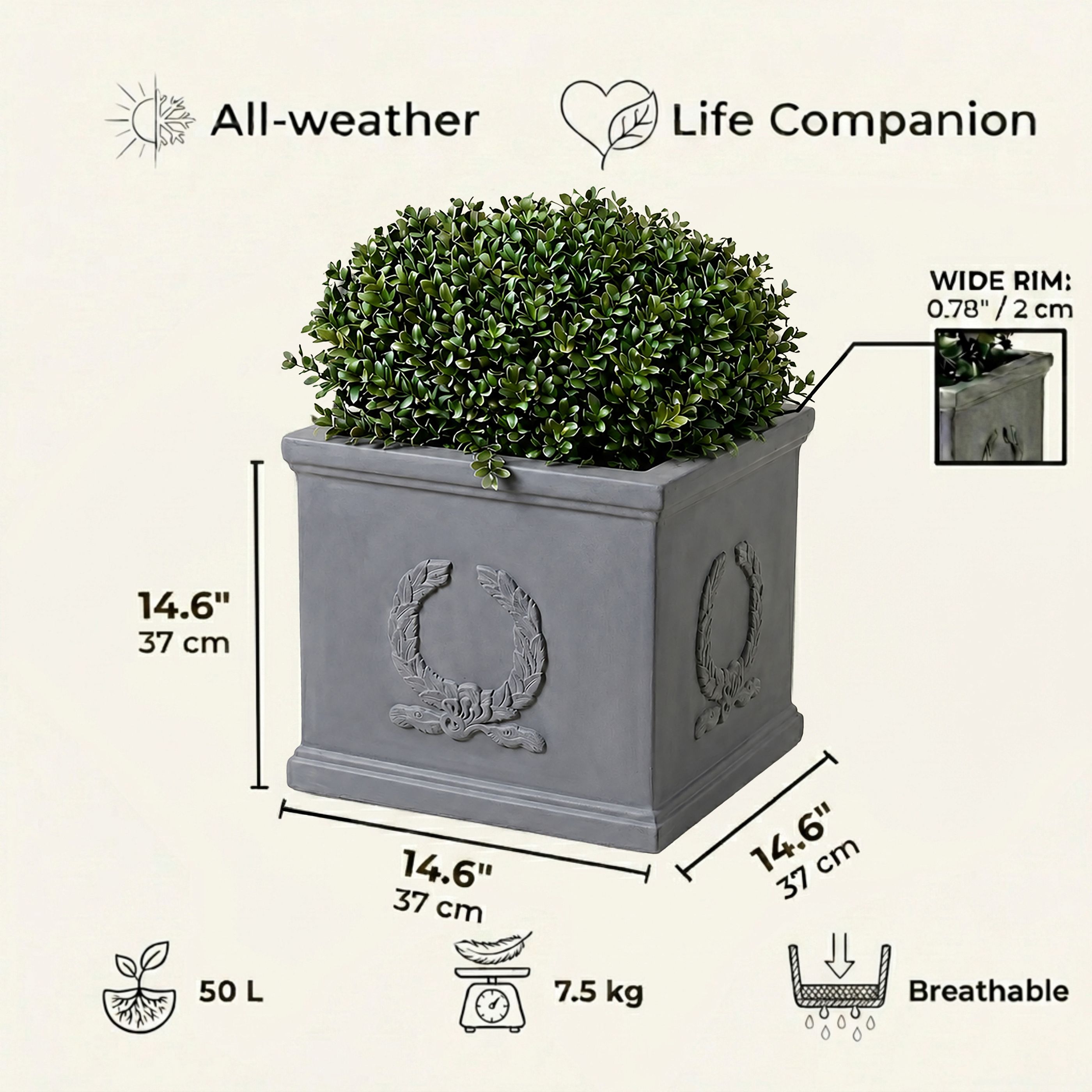 IDEALIST Kensington Light Stone Square Garden Planter